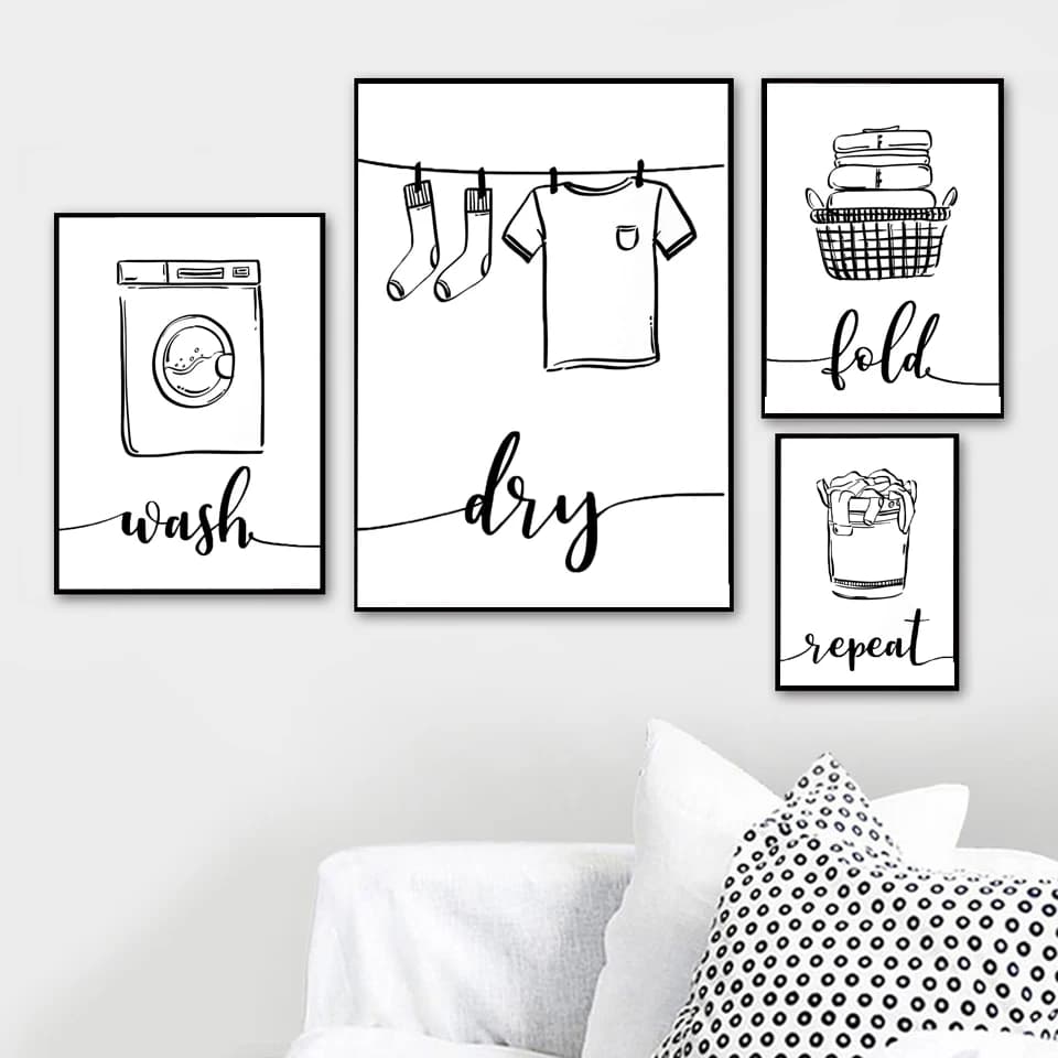 Nordic Laundry Sign Canvas Print for Bathroom - Wash Dry Fold Repeat - Black & White Wall Art Poster and Picture.