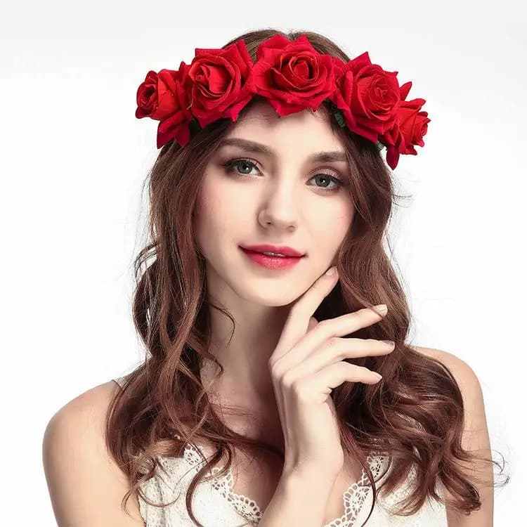 Boho Bridal Flower Crown Headwear for Women and Girls - Red Rose Wedding Wreath Floral Garlands with Bridesmaid Hairband Accessories
