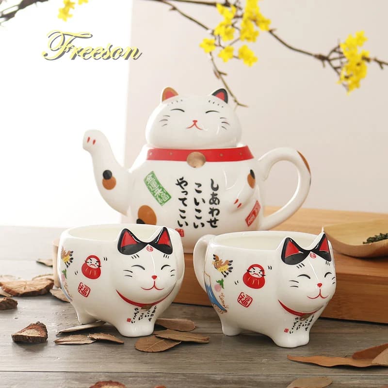 Japanese Lucky Cat Porcelain Tea Set - Creative Maneki Neko Ceramic Tea Cup Pot with Strainer - Charming Plutus Cat Teapot Mug