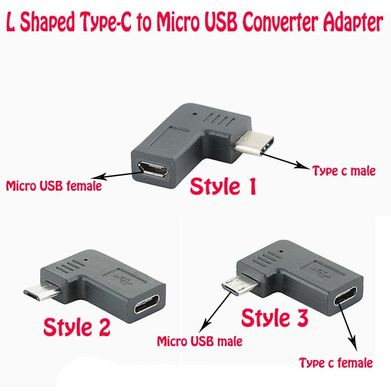 L Shaped Type-C to Micro USB Adapter 90 Degree Right Angle Converter Male to Female Connector