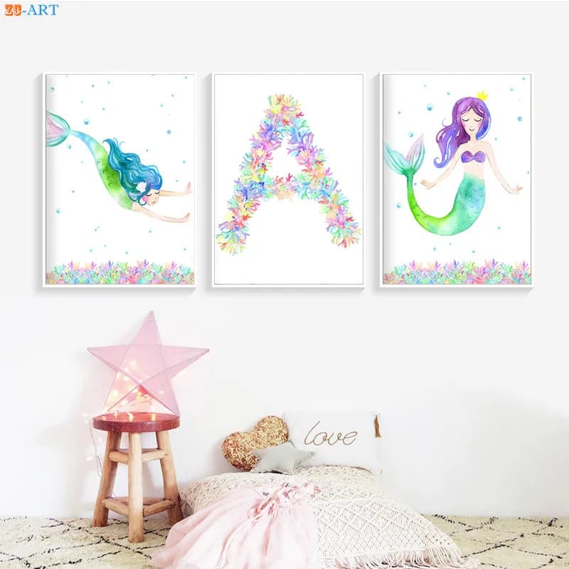 Cartoon Mermaid Canvas Painting Poster Print for Nursery Wall Art in Little Girls Room or Kids Bathroom Home Decor