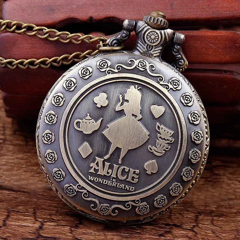 Retro Anime Alice in Wonderland Pocket Watch Necklace | Vintage Bronze Flip Quartz Fob Antique Clock Chain Pendant | Women Men