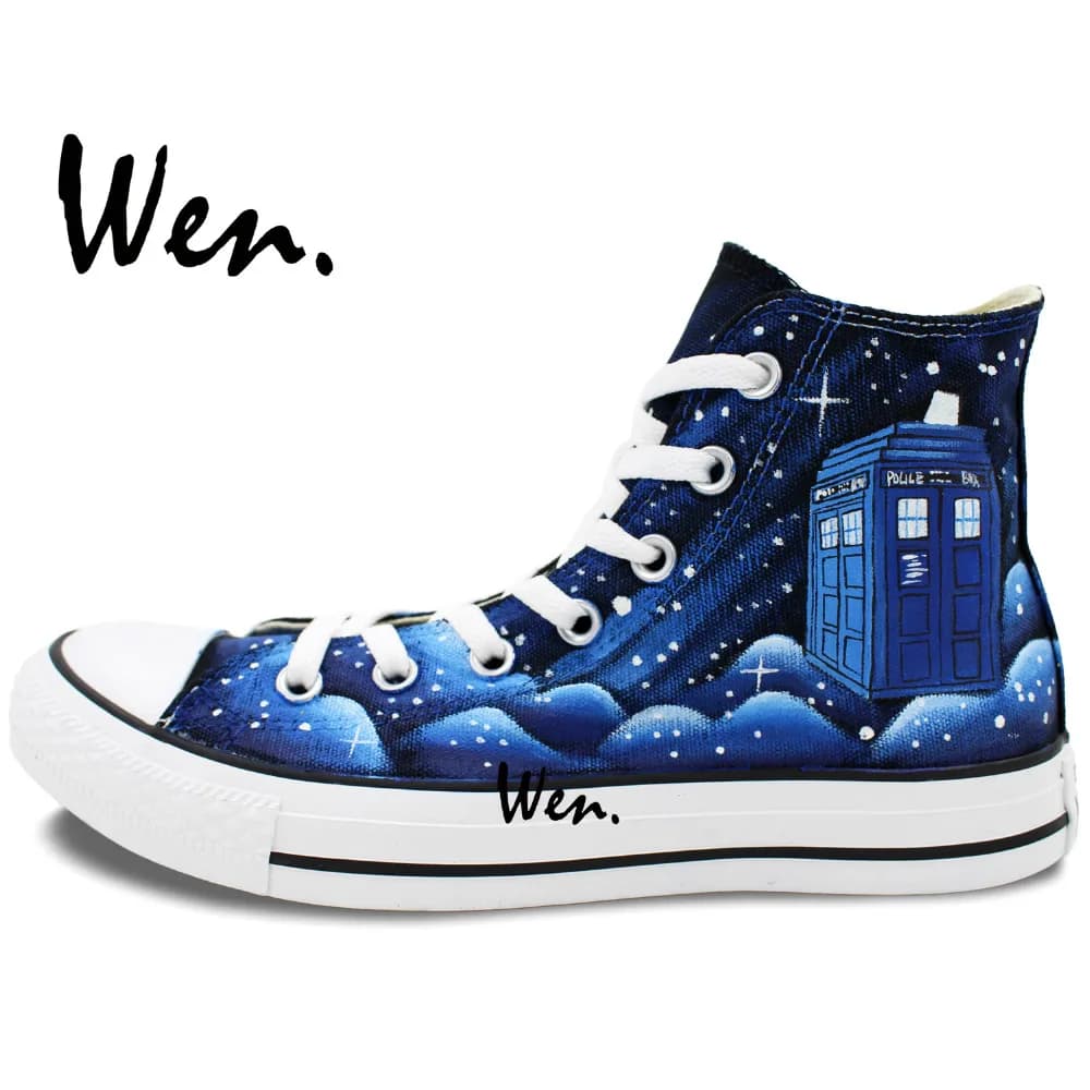 Custom Hand Painted Blue Galaxy Tardis Doctor Who High Top Canvas Sneakers - Perfect Gift for Men and Women | Wen Design