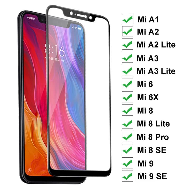 9H Tempered Glass Screen Protector for Xiaomi Mi A1 Mi A2 Mi A3 Lite 5X 6X 6 8 9 SE Pro Full Cover