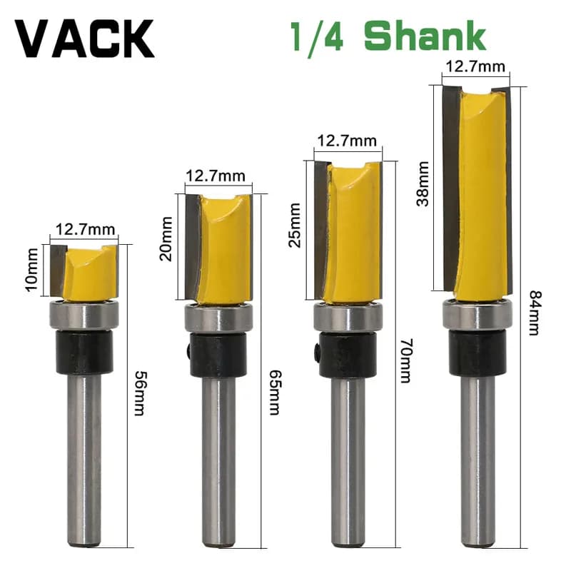 VACK 4-Piece Set 1/4 Shank Router Bits for Woodworking - Template Trim Hinge, Straight End Mill, Trimmer, Cleaning Flush Trim Tenon Cutter